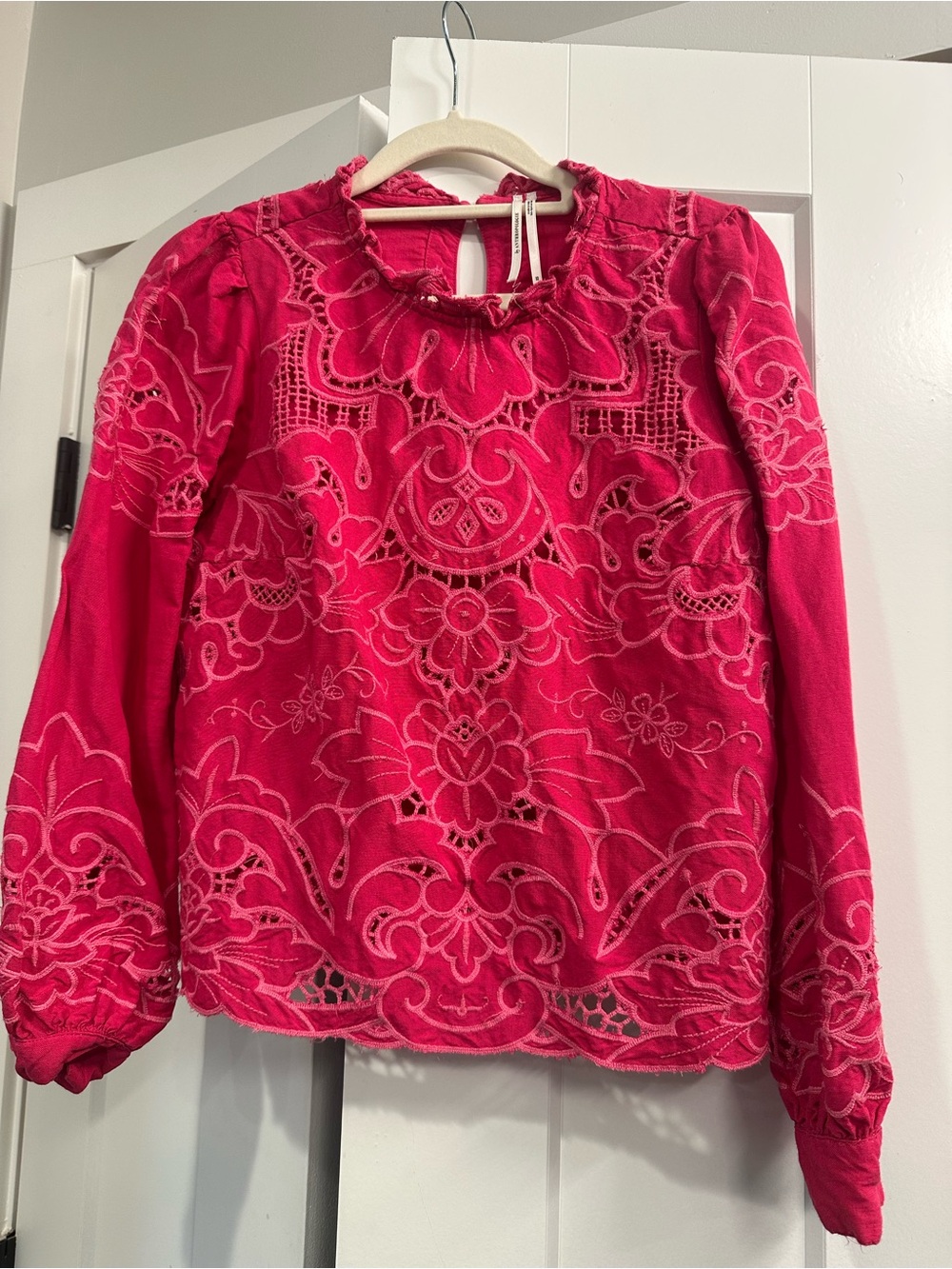 Anthropologie Embroidered Long-Sleeve Blouse - Hot Pink